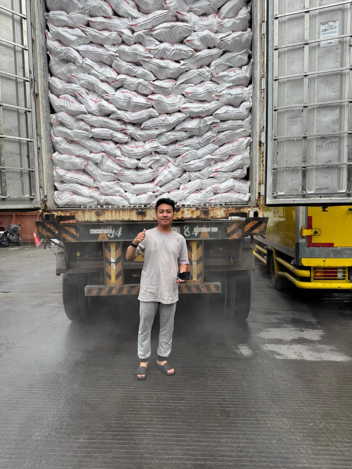 Shipping container loaded with sacks