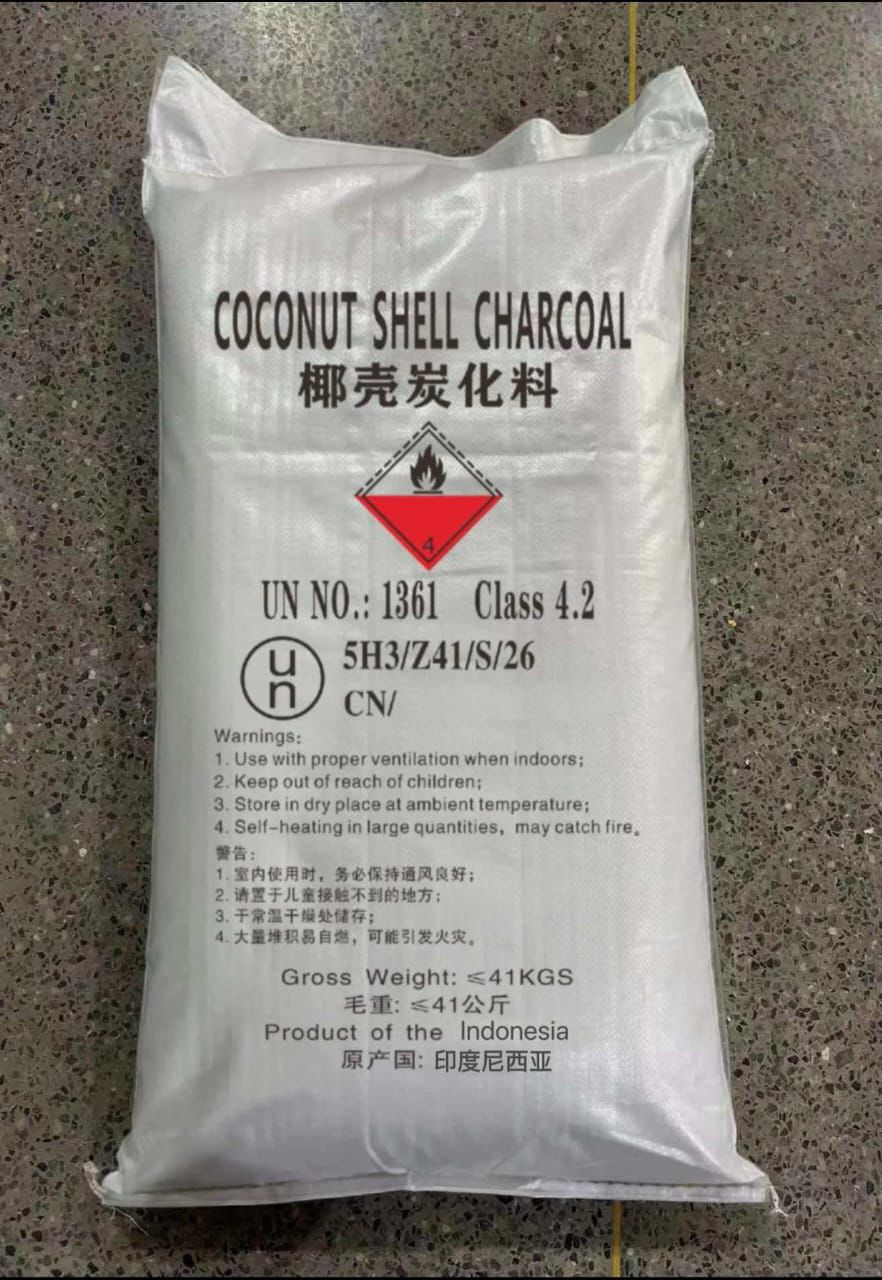 Labeled export sack of coconut shell charcoal